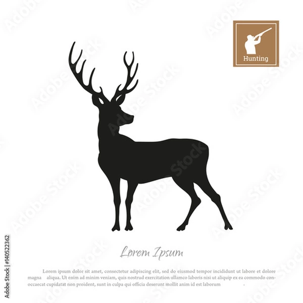 Fototapeta Black silhouette of a deer on a white background. Icon hunter with a gun