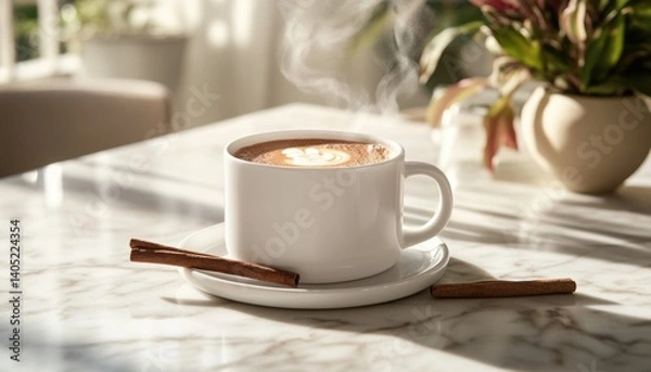 Fototapeta Steam rises from a latte art coffee cup on a marble table.