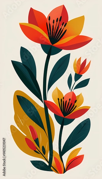 Fototapeta Beautiful Floral Pattern with Pink Tulips, Leaves, and Blossoms - Spring and Summer Nature-Inspired Vector Design for Art, Decoration, and Wallpaper
