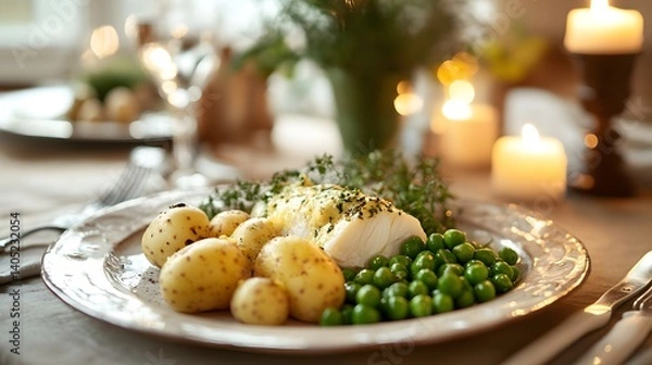 Fototapeta Festive Scandinavian Dining Experience Featuring Lutfisk with Rustic Potatoes and Peas in a Charming Setting