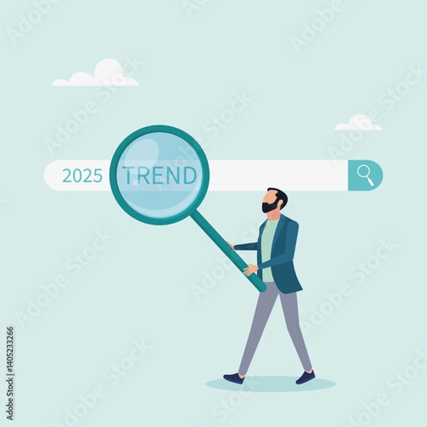 Fototapeta Character using magnifying glass to discover website. Researching 2025 trends, vision of new business or career opportunity. Vector illustration.	
