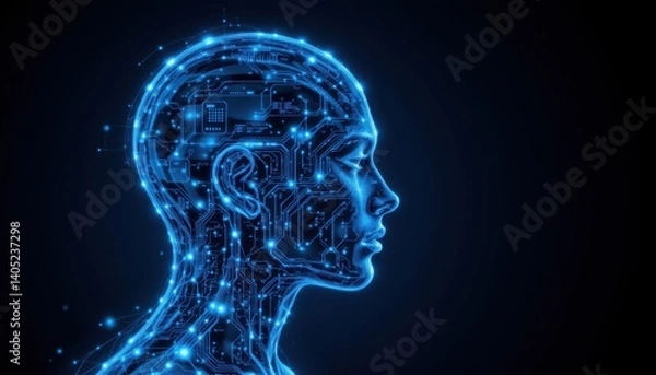 Fototapeta Exploring the intersection of technology and humanity digital human portrait abstract concept dark background side view