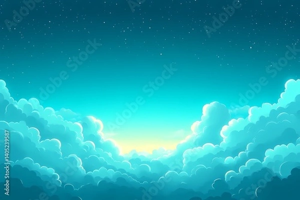 Fototapeta Beautiful Abstract Digital Cloudscape - Tranquil Blue Sky & Vibrant Horizon View with Soft Fluffy Clouds