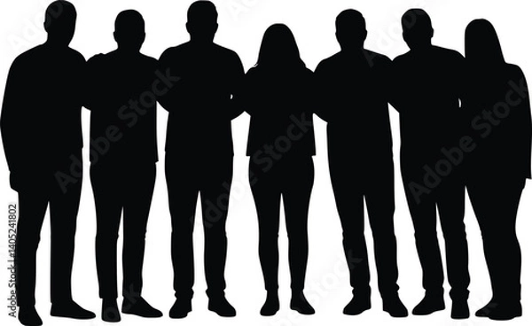Obraz Silhouettes of seven individuals standing in a row, symbolizing unity, teamwork, and collective identity in a minimalist composition