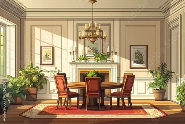 Fototapeta Traditional Dining Room Interior Design. Elegant Home Decor with Chandelier, Stylish Furniture & Inviting Natural Light