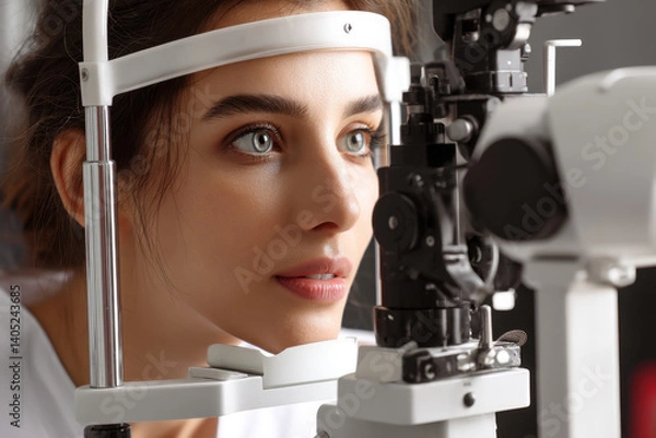 Obraz A young woman is focused on an optical device during an eye examination at a contemporary clinic, showcasing the precision of eye care