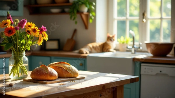 Fototapeta A vase of flowers and a loaf on a table