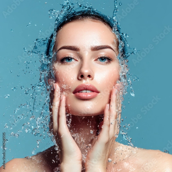 Fototapeta A model showcases stunning skin while interacting with splashes of water, creating a dynamic and refreshing visual effect against a blue backdrop