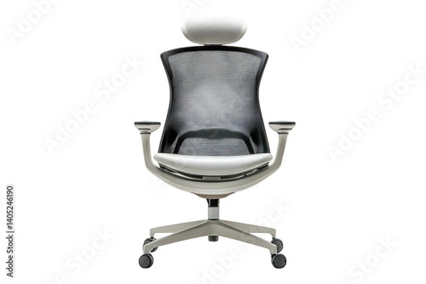 Fototapeta Elegant ergonomic office chair design featuring a modern mesh back comfortable white seat and sleek silver base against