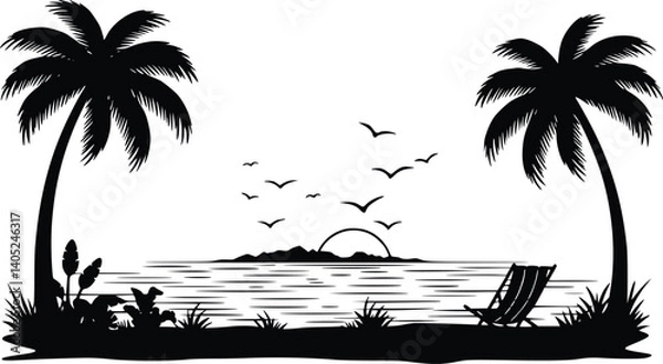 Fototapeta Silhouette of a tropical beach scene with palm trees, island, sunset, birds, and a relaxing beach chair