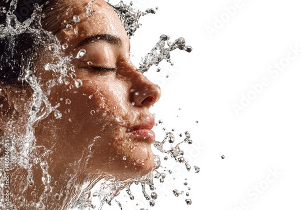 Obraz A woman experiences a moment of tranquility with her eyes closed as water splashes around her, enhancing her serene expression