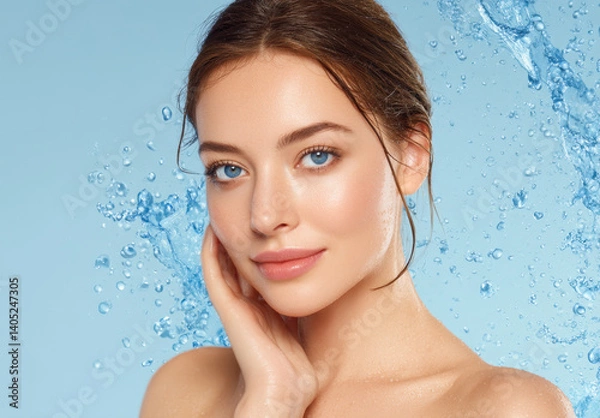 Obraz Young woman poses gracefully, showing off her radiant complexion while water droplets splash around her in a serene setting