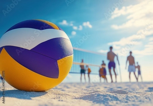 Fototapeta Vibrant qualities of volleyball on the beach with players in the background