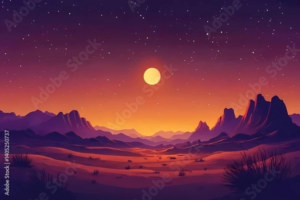 Fototapeta Vibrant Digital Desert Landscape. Tranquil Sunset Colors and Silhouetted Mountains