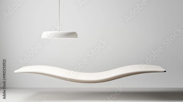 Fototapeta A minimalist white floating bed with a hanging lamp.