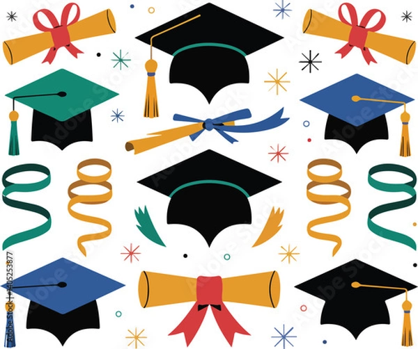 Fototapeta  Graduation caps and diploma silhouettes, symbolizing academic achievement and success, perfect for education-themed designs.