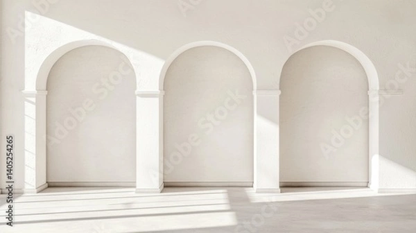 Fototapeta A minimalist white room with three arched doorways and a large window.