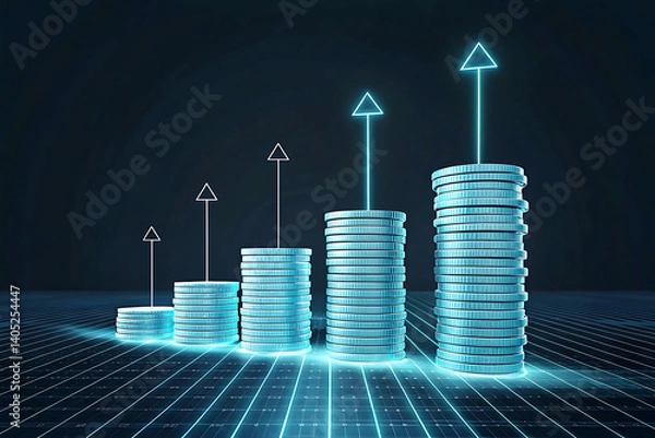 Fototapeta Futuristic Financial Growth Concept – Glowing Coin Stacks with Upward Arrows on Black Tech Background