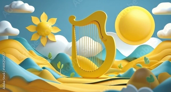 Obraz yellow theme Sunshine harp wind hills 3d render concept background design