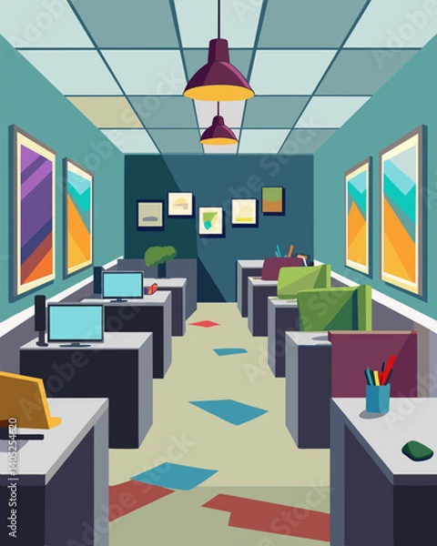 Fototapeta The colorful walls and motivational posters that used to adorn the office have been away leaving behind a sea of empty grey cubicles.. Vector illustration