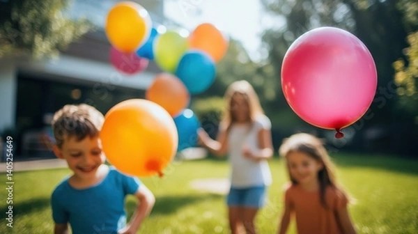Obraz Children joyfully playing with colorful balloons in a sunny backyard