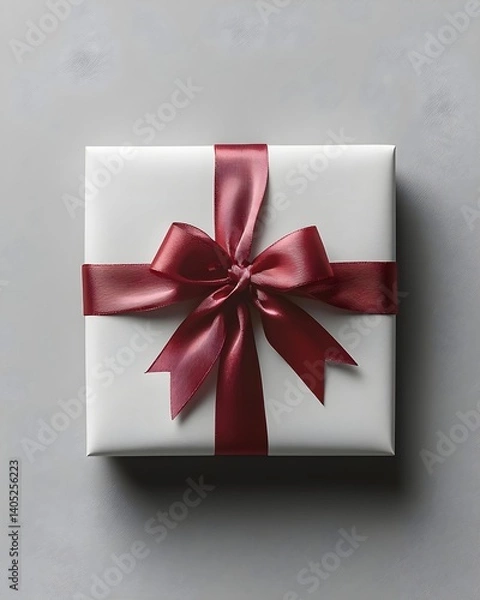 Fototapeta Elegant gift box with a burgundy ribbon on a gray background