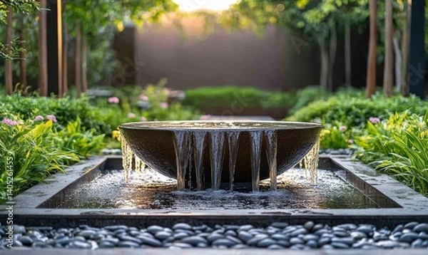 Fototapeta outdoor home modern water feature fountain waterfall as wide banner with copy space area for garden landscape design concepts mockup