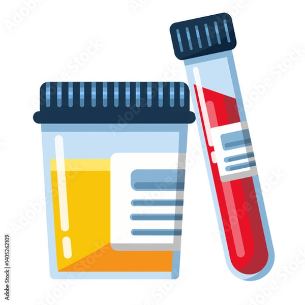 Obraz Urine and blood sample for medical test analysis. Samples in glass tube and container jar isolated on white background. Suitable elements for medical laboratory, biochemistry and medical analysis. PNG
