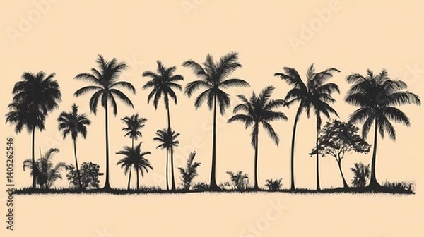 Fototapeta Tropical Palm Trees Silhouettes. Minimalist Black and White Botanical Art for Serene Island Vibes