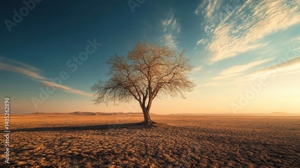 Fototapeta Solitary tree stands sentinel in a vast, arid landscape.