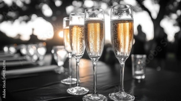 Fototapeta Elegant champagne flutes filled with bubbly drink on a table during a sunset celebration