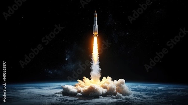 Fototapeta Digital rendering of rocket missile launch with fiery propulsion trail over black space backdrop