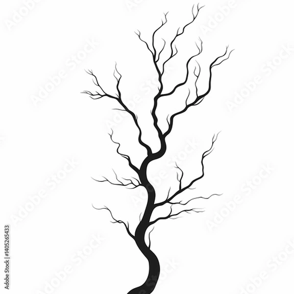 Fototapeta Abstract Silhouette of Dead Tree Branch - Black Minimalist Nature Design, Isolated for Halloween or Gothic Art