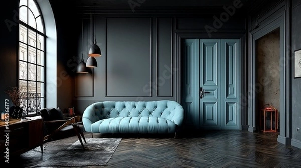 Obraz Dark, moody living room with a luxurious teal blue sofa and elegant details