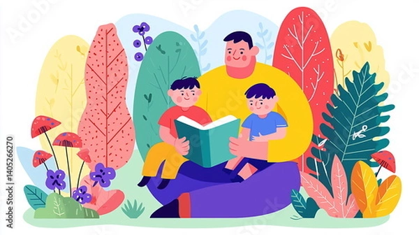 Fototapeta A flat vector illustration of two boys sitting on the lap of their father, reading a book together, surrounded by trees and plants. 