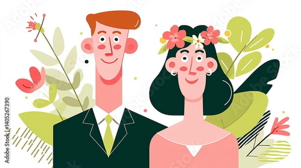 Fototapeta Vector illustration of a happy bride and groom, a wedding couple portrait in a flat style with green leaves on a white background. 