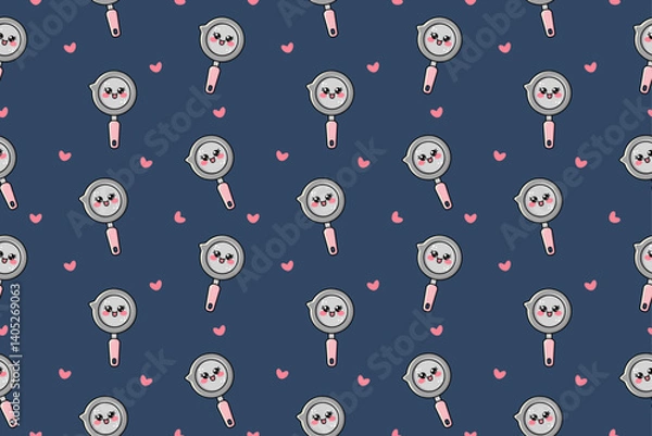 Fototapeta Seamless pattern with kawaii vector illustration of grey icon frying pan. Cute character isolated on dark blue background