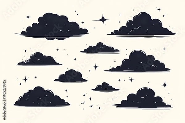 Fototapeta Beautiful Cloudy Nightscape Illustration. Moody Art and Textured Sky with Stars - Whimsical Weather-Inspired Vector Design