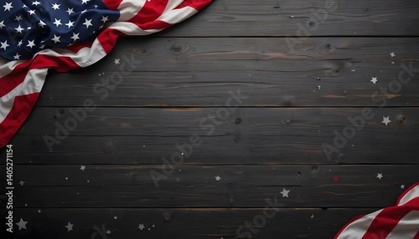 Fototapeta A patriotic tribute, a folded American flag rests on dark wood, subtly adorned with scattered stars, evoking a sense of remembrance and national pride.