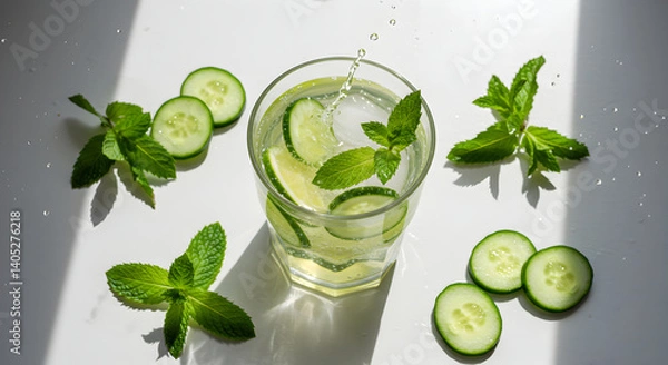 Fototapeta Refreshing Cucumber Infused Water with Mint Leaves and Sunlight