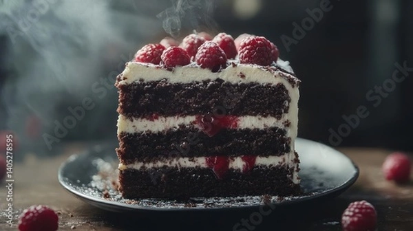Obraz A slice of chocolate cake with white frosting and raspberries.