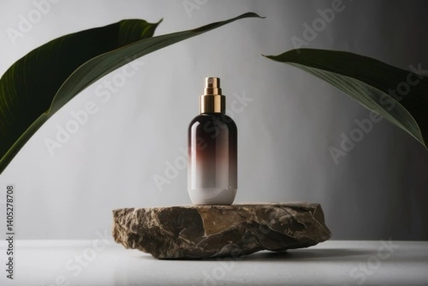 Obraz Cosmetic bottle product placed on a rock. A white background and a few green leaves in the foreground. 