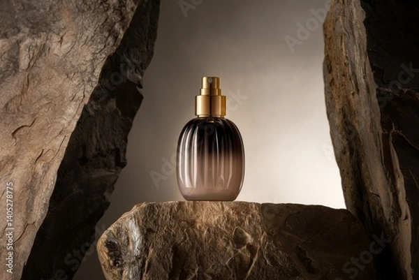 Obraz Cosmetic bottle product placed on a rock. The setting is minimal, with only a few rocks visible.