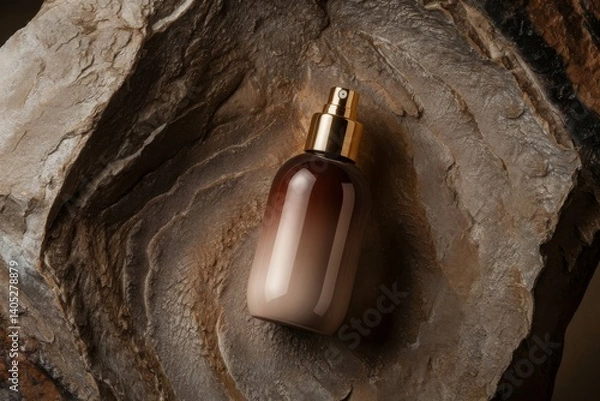 Obraz product photograph of a spray bottle cosmetic product placed on a textured rock. 