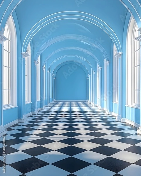 Fototapeta Elegant blue hallway with checkerboard floor design