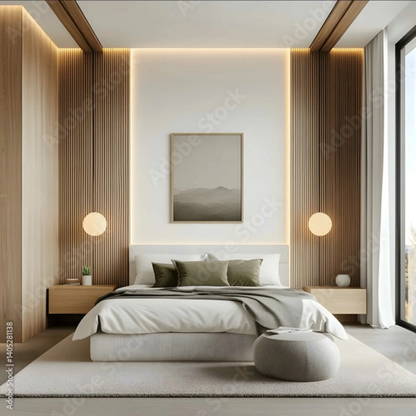 Fototapeta A modern bedroom with white walls wooden panels on the walls and ceiling beige carpet in front of the bed soft green accents warm lighting from neon lamps above