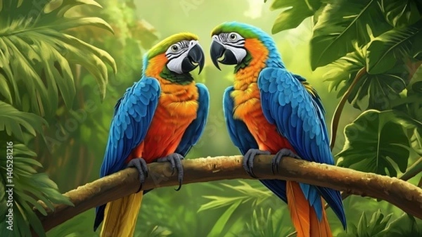 Fototapeta Colorful macaws perched on a branch in a lush tropical rainforest