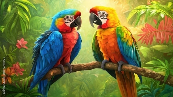 Fototapeta Colorful parrots perched on a branch in a lush tropical forest