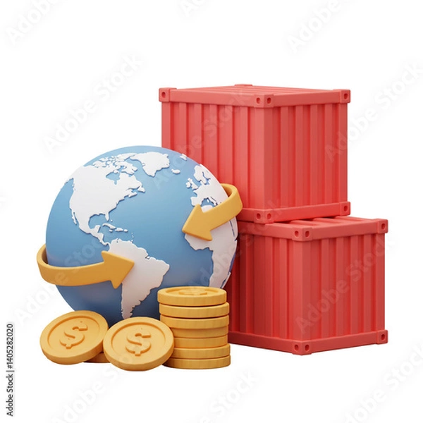 Fototapeta 3D Illustration Global Trade Container with World Economy, and Import Export.