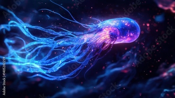 Fototapeta Colorful cosmic jellyfish floating in a vibrant galaxy filled with stars and nebulas during a stunning cosmic event